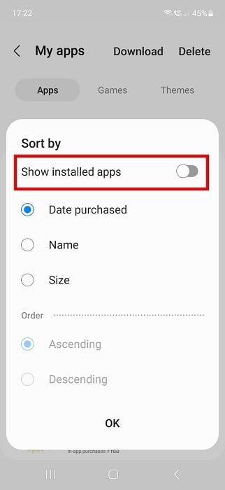 Désactiver "Afficher les applications installées" dans l'application Galaxy Store.