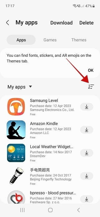 Appuyez sur l'icône à côté de "Mes applications" dans l'application Galaxy Store.